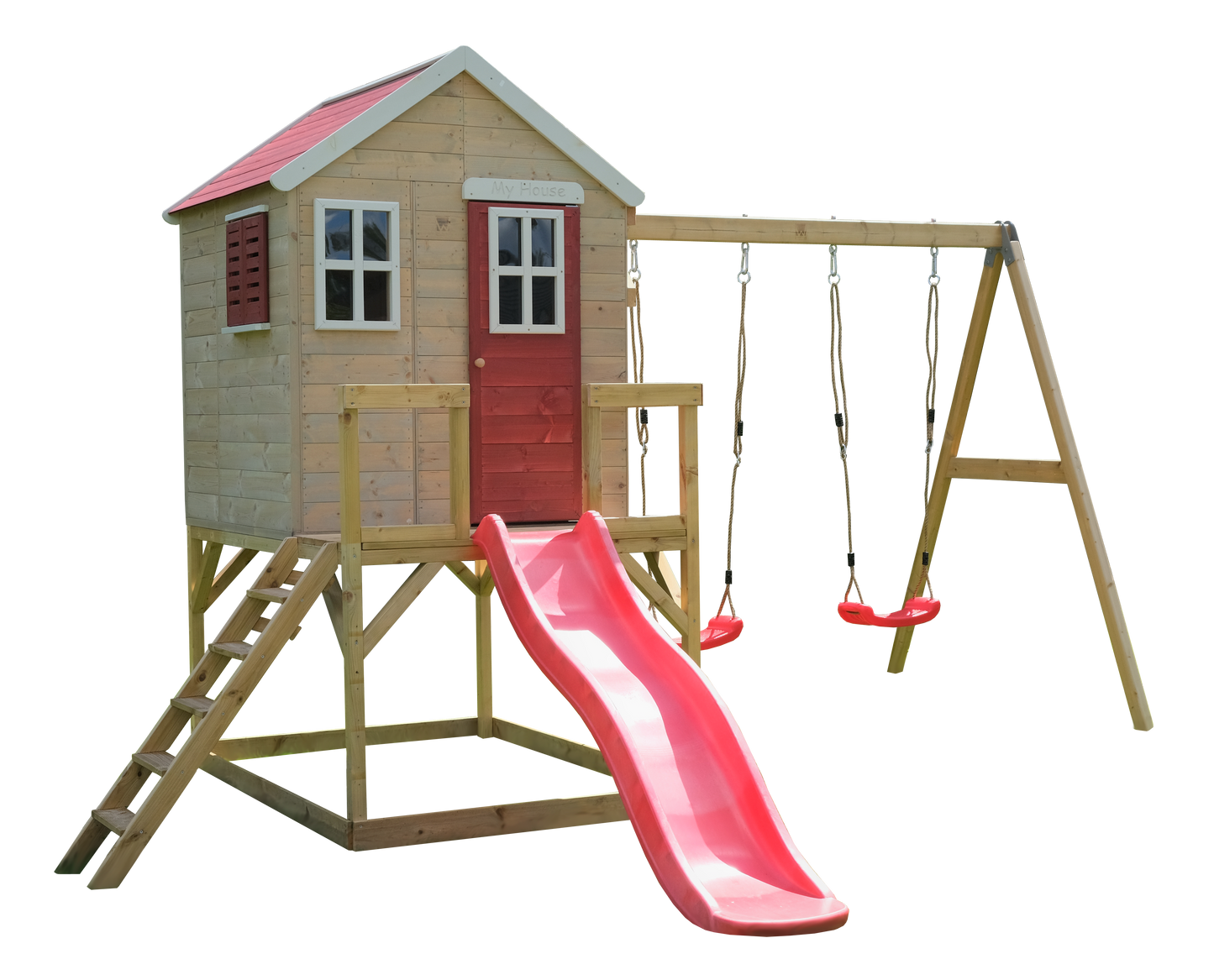 M28R Záhradný domček na hranie, drevený domček na koloch so šmykľavkou a dvojhojdačkou